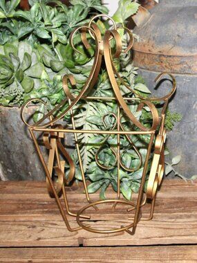 Unique Ornate Vintage Gold Scrolled Wrought Iron Open Hanging Lantern
